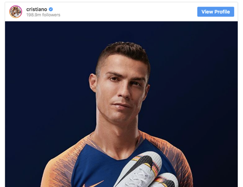 Ronaldo here with almost 200m followers. Here his promotion of Nike, got him 5m likes!